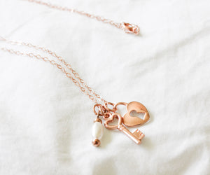 Rose gold key to my heart pearl necklace