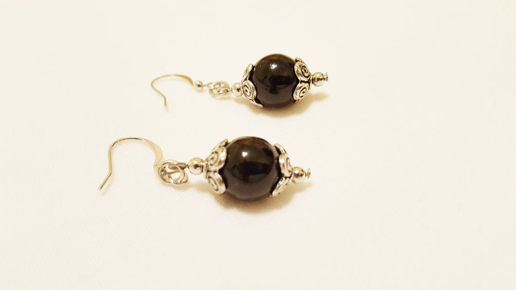 Black glass pearl earrings