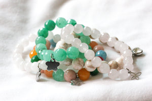 Green jade gemstone charm bracelet - flower charm