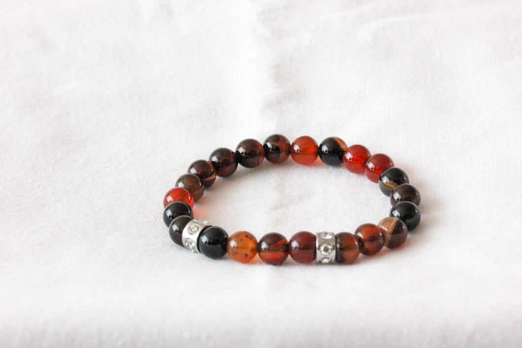 Red agate charm bracelet - stainless steel rondelle crystal