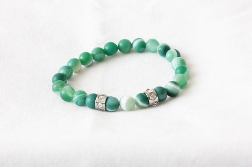 Green sardonyx charm bracelet - stainless steel rondelle crystal