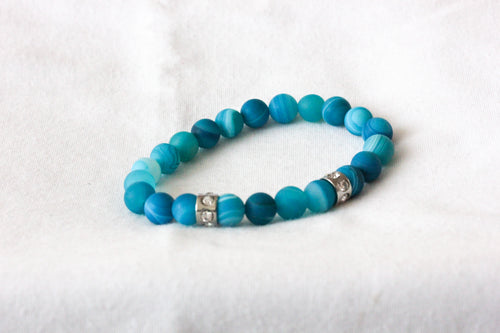 Blue sardonyx charm bracelet - stainless steel rondelle crystal