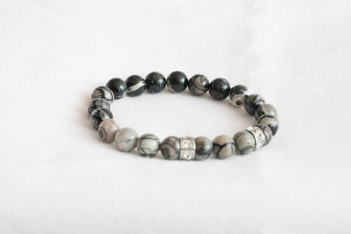 Black line jasper charm bracelet - stainless steel rondelle crystal