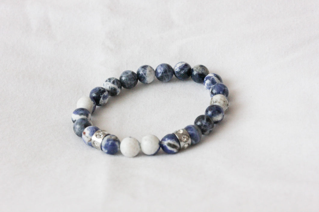 Sodalite charm bracelet - stainless steel rondelle crystal