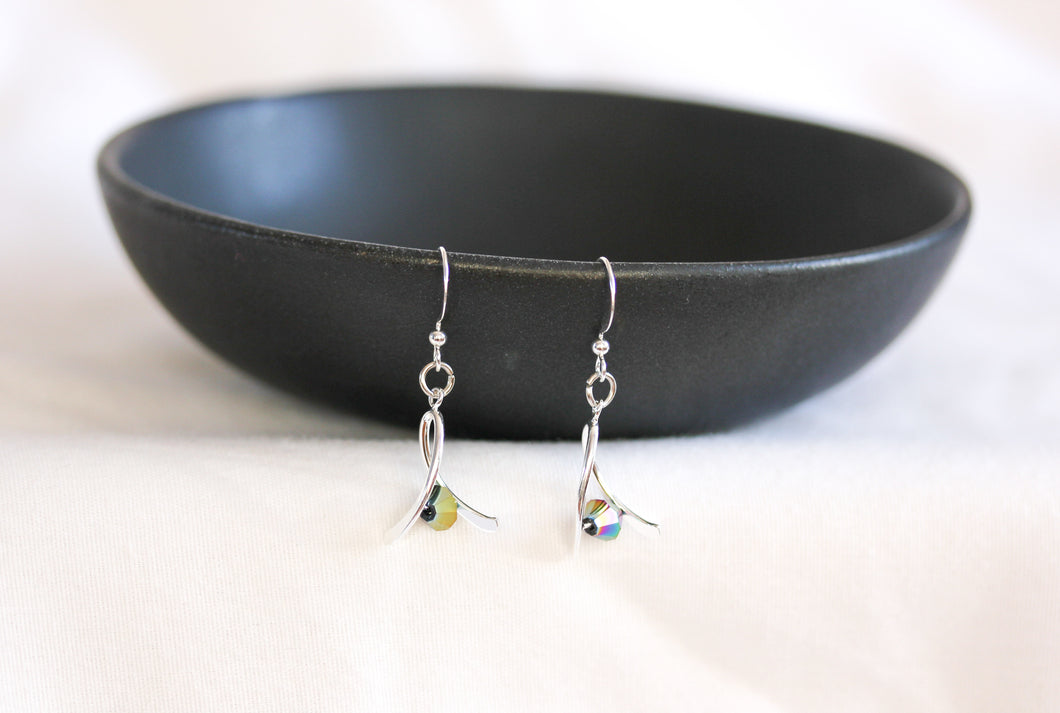 Mini ribbon twist earrings - silver with AB rainbow crystals