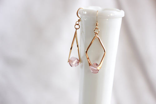 Twisted angle earrings - gold with blush pink crystals