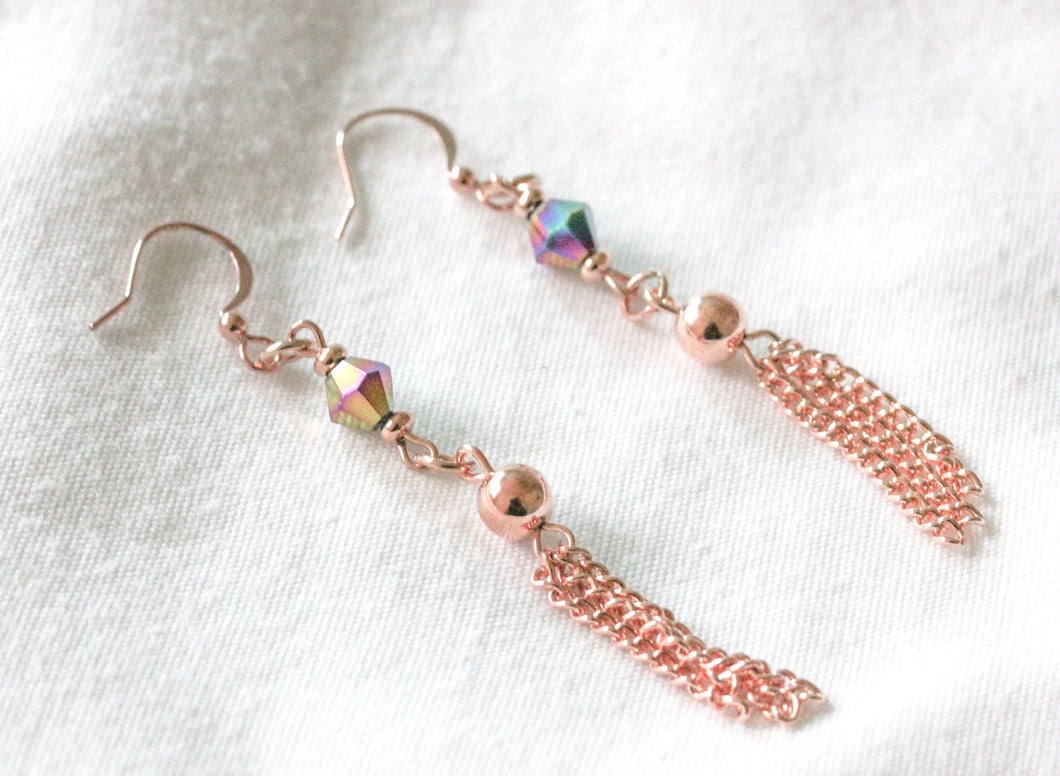 Rose gold and crystal tassel earrings